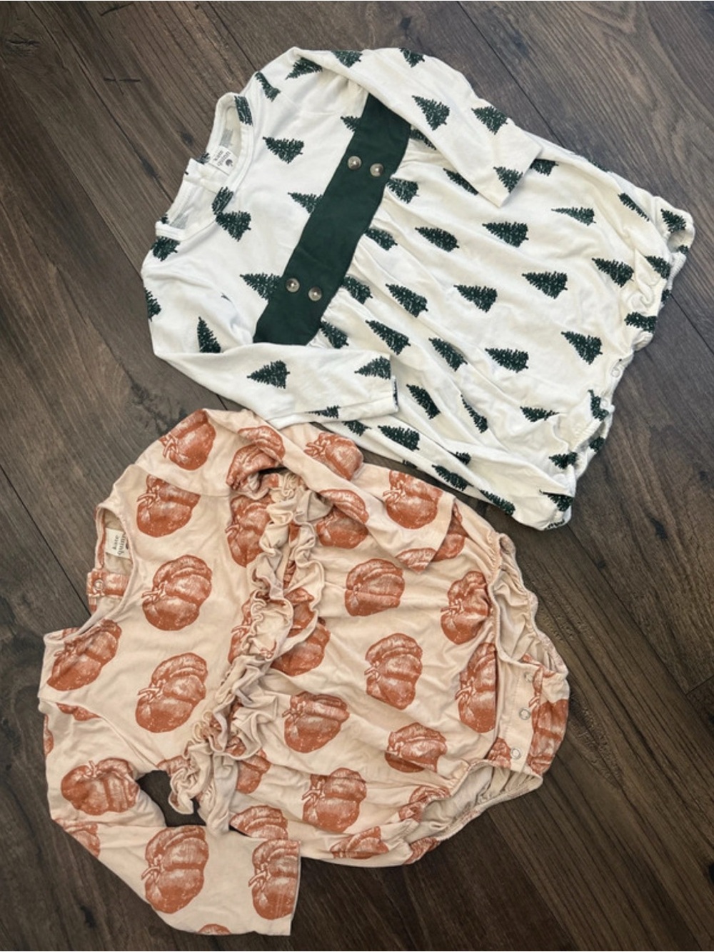 kate quinn White & Green Tree Print and Cream & Orange Pumpkin Romper Set